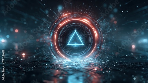 Futuristic neon holographic triangular symbol digital realm graphic art cyberpunk environment close-up view visual concept