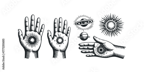Open Palms with Celestial and Sun Symbols
