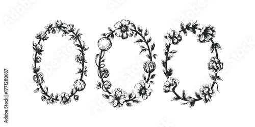 Three floral wreaths on white background