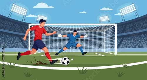 Soccer player kicks ball towards goal with goalkeeper defending.