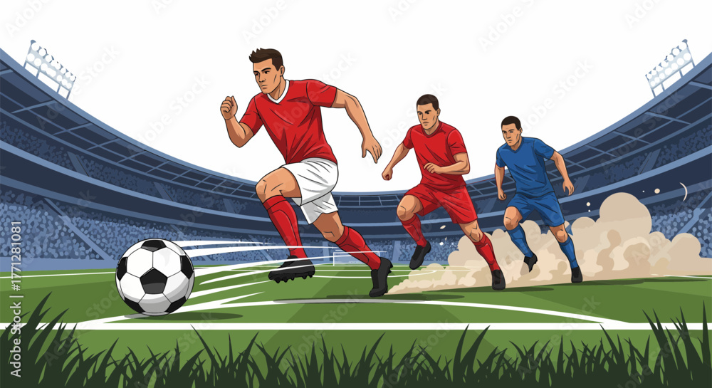Naklejka premium Soccer players sprinting towards the ball on a green field during a match 1.