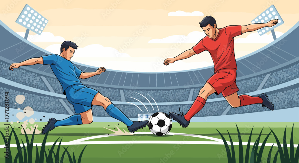 Fototapeta premium Soccer players in action kicking the ball during a match on the field.