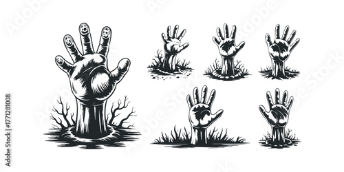 Collection of hands emerging from the ground