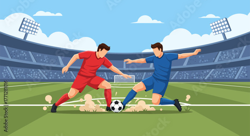 Soccer players in action competing for the ball on the field.