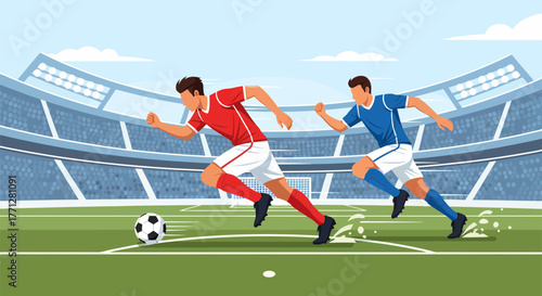 Soccer players sprinting towards the ball on the green field during the game.