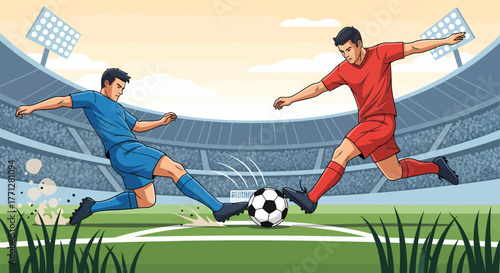 Soccer players in action kicking the ball during a match on the field.