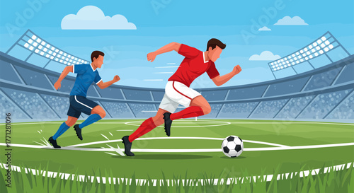 Soccer players sprinting towards the ball on a green field during a match.