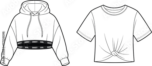 Women fashion flat sketch, cropped hoodie, drawstring hood top, cropped knot t shirt, garment CAD drawing, apparel design vector illustration