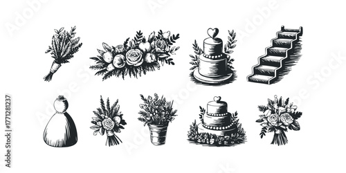 Collection of Hand Drawn Wedding Icons with Flowers and Cake