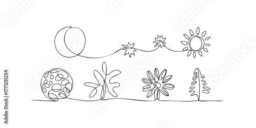 Continuous line drawing of celestial bodies and flora elements