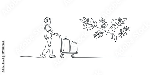 Person pushing luggage cart with suitcases