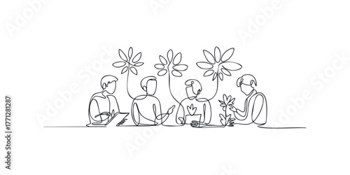 People learning and interacting with plants in continuous line art