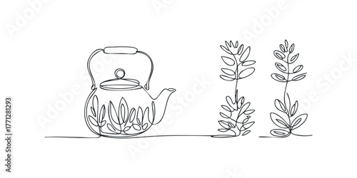 Wallpaper Mural Line drawing of teapot and botanical elements Torontodigital.ca
