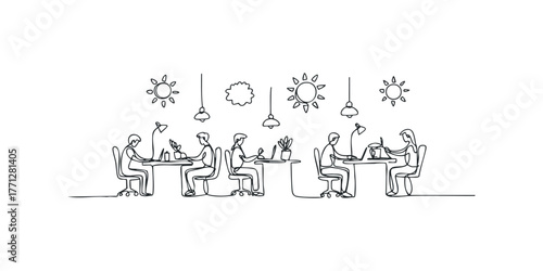 Line drawing of people working at desks with computers