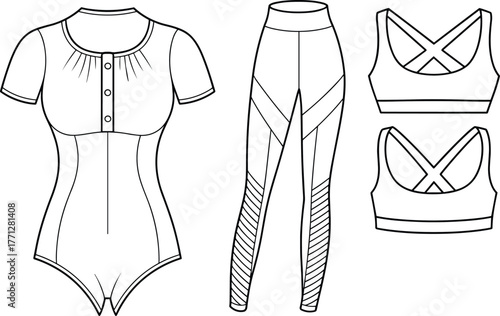 Women fashion flat sketch, short sleeve bodysuit, scoop neckline button bodysuit, high waist leggings, crisscross strap sports bras, garment CAD drawing, apparel design vector illustration