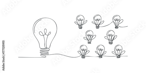 Single line drawing of lightbulbs conveying ideas and innovation