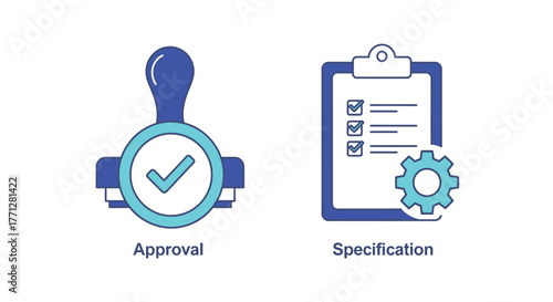 Vector illustration of approval stamp with a checkmark and a specification clipboard with a gear, , representing quality control and documentation