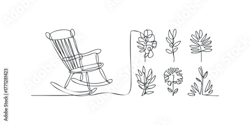 Minimalist line art of a rocking chair and botanical elements