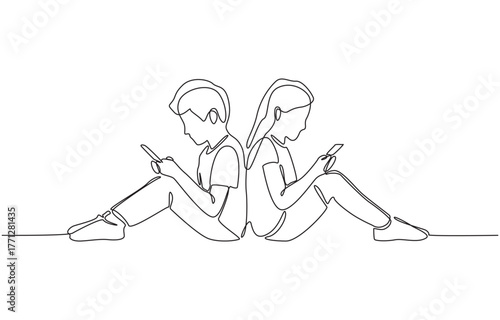 Continuous one line drawing of boy and girl sitting back to back while using their smartphones, representing the modern digital generation and the growing impact of technology on human connection