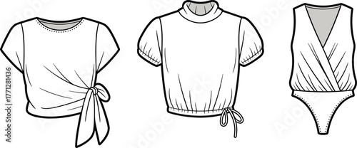 Women fashion flat sketch, side tie crop top, gathered sleeve blouse, sleeveless wrap bodysuit, garment CAD drawing, apparel design vector illustration