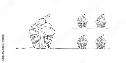 Continuous line art of cupcakes with swirls and topping
