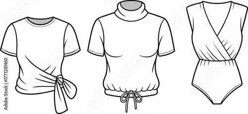Women fashion flat sketch, side tie t shirt, mock turtleneck drawstring top, sleeveless wrap bodysuit, garment CAD drawing, apparel design vector illustration