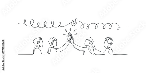 Minimalist outline drawing of people celebrating together with high fives