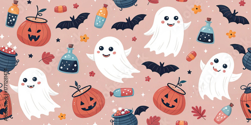 Halloween pattern with ghost, pumpkin, bat, potion, candy, leaf on pink background, magical festive design, cartoon vector illustration for decor, party, kids.