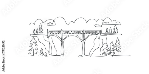 Minimalist line art of a bridge spanning between rocky cliffs with trees
