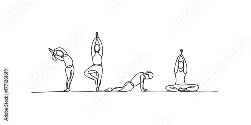 Line art figures in sequential yoga poses
