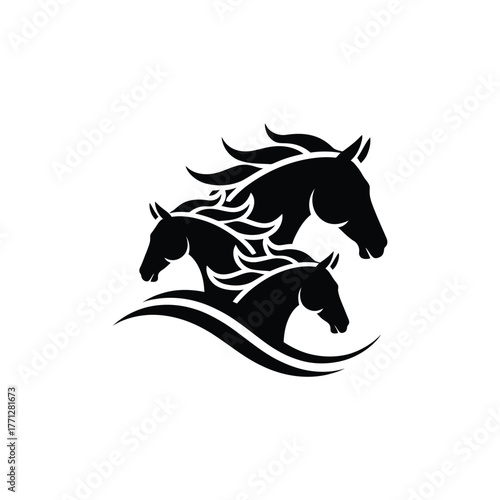 Three galloping horses silhouette emblem on white background