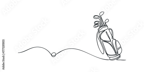 Continuous line drawing of golf bag and clubs on white