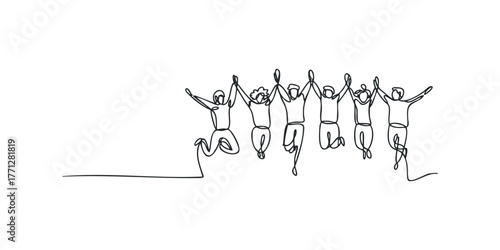 Group of people jumping together celebrating unity