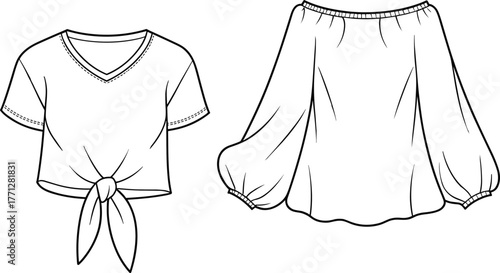 Women fashion flat sketch, v neck tie crop top, off shoulder puff sleeve blouse, garment CAD drawing, apparel design vector illustration