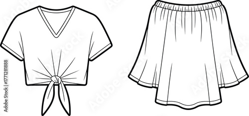 Women fashion flat sketch, v neck tie front crop top, flared skirt, garment CAD drawing, apparel design vector, clothing technical illustration