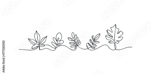 Continuous line drawing of assorted leaves on a wavy line