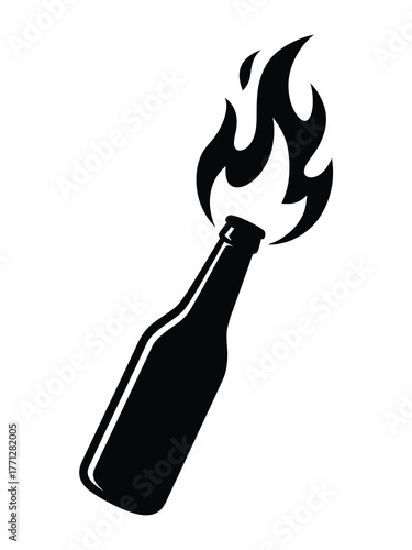 Black silhouette of a molotov cocktail with flames
