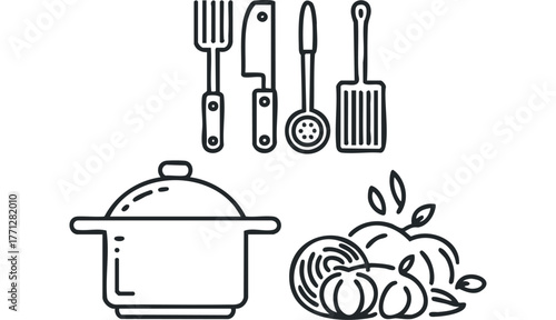 Kitchen Utensils Pot and Food Icons