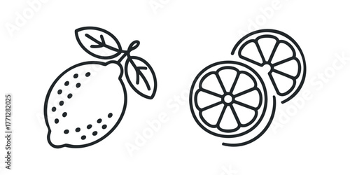 Line art of a whole lemon with leaves and sliced lemon