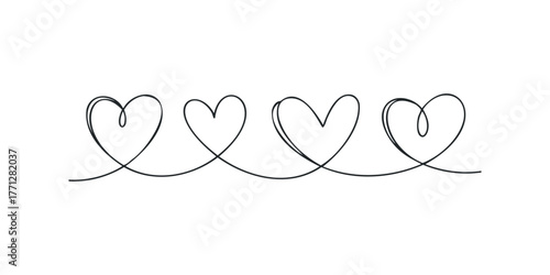 Minimalist continuous line drawing of four interconnected hearts