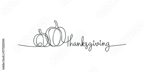 Minimalist line art of two pumpkins and the word Thanksgiving