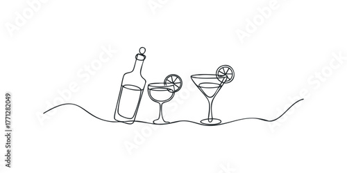 Line drawing of bottle and two martini glasses with citrus slices
