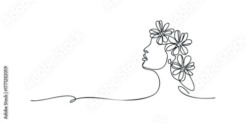 Woman in Profile with Flowers in Hair Line Art