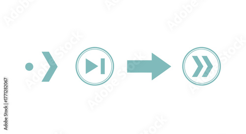 Vector illustration of collection of four blue arrow icons on, representing different directions and actions, including play, fast forward, and next, in a simple design