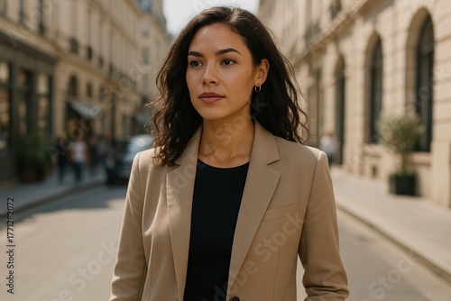 Confident woman in urban setting.