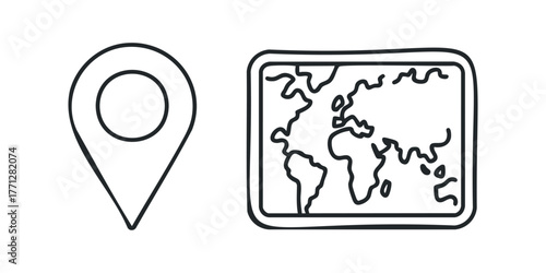 Hand Drawn Map Pin and World Map
