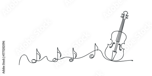 Continuous line drawing of a violin with musical notes