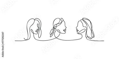 Three women profiles in continuous line drawing style