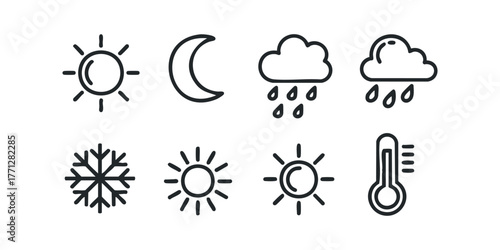 Weather icons representing sun, moon, rain, snowflake, and thermometer