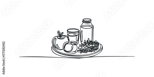 Continuous line drawing of apple, eggs, and drinks on a plate